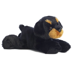 A black and tan Rottweiler plush animal from Mini Flopsie by Aurora with expressive eyes and soft fur.