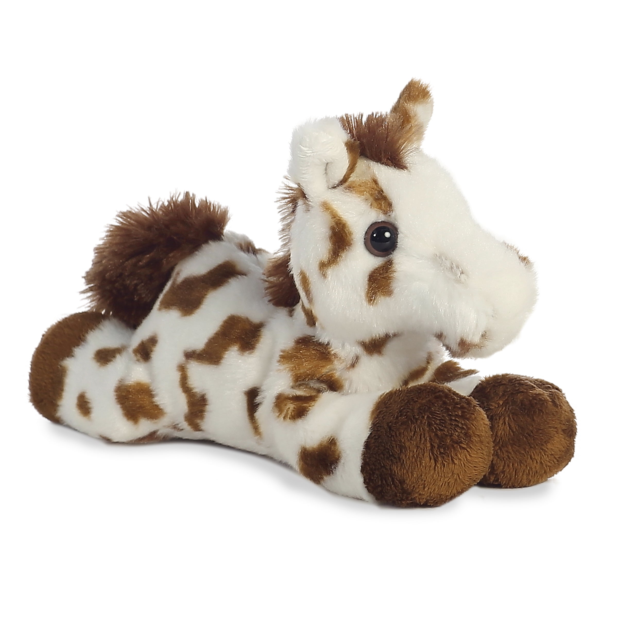 A white and brown spotted horse plush from Mini Flopsie stuffed animals with a soft mane and gentle eyes.