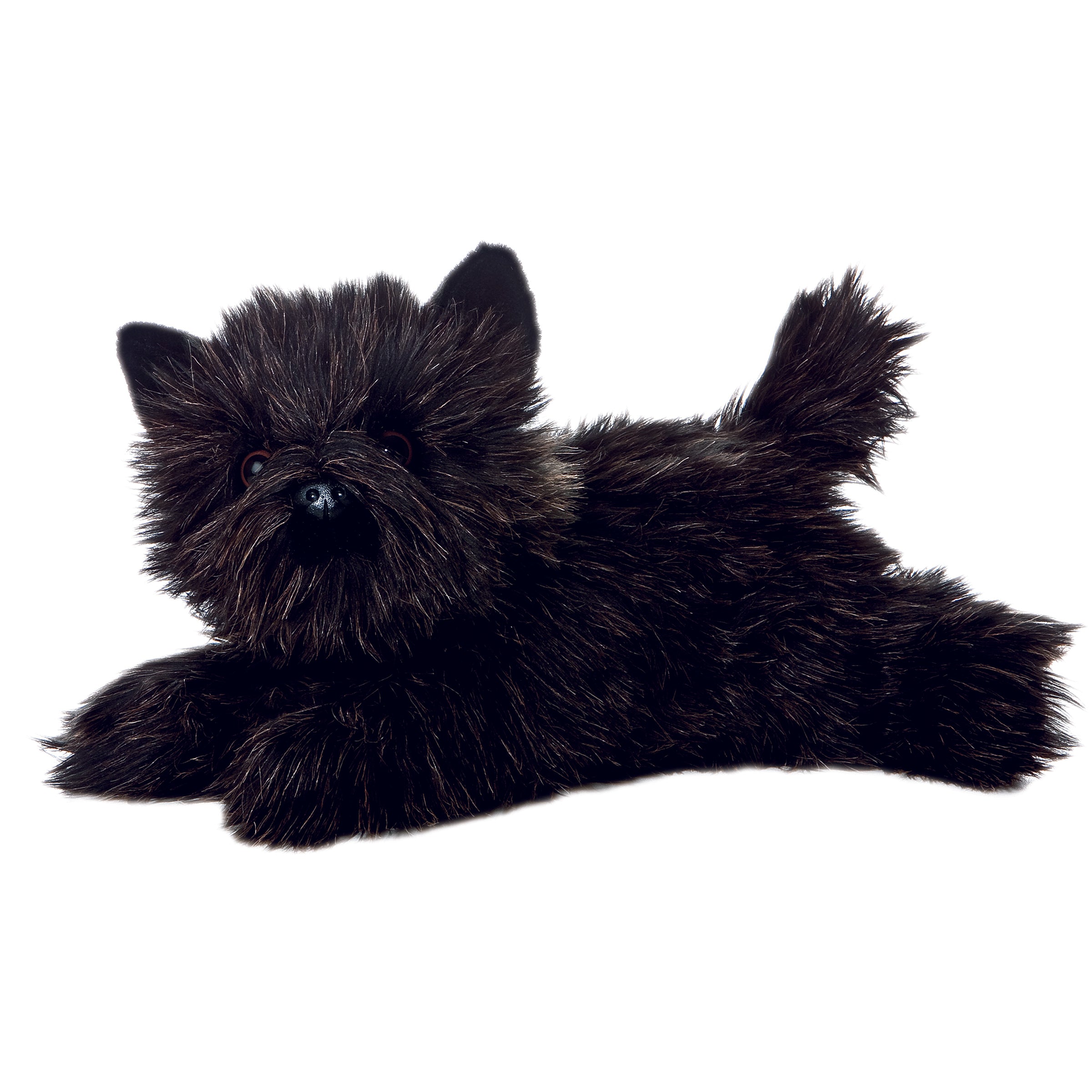Plush toy of a shaggy black Cairn Terrier dog with big eyes and a lifelike expression.