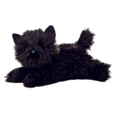 Plush toy of a shaggy black Cairn Terrier dog with big eyes and a lifelike expression.