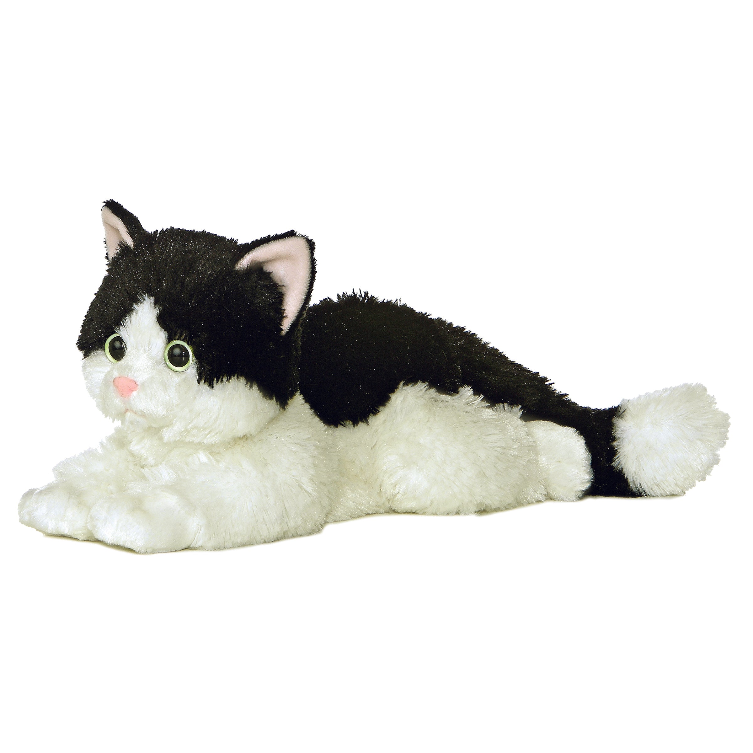 Plush black and white cat with green eyes and a soft, relaxed body by Aurora stuffed animals.