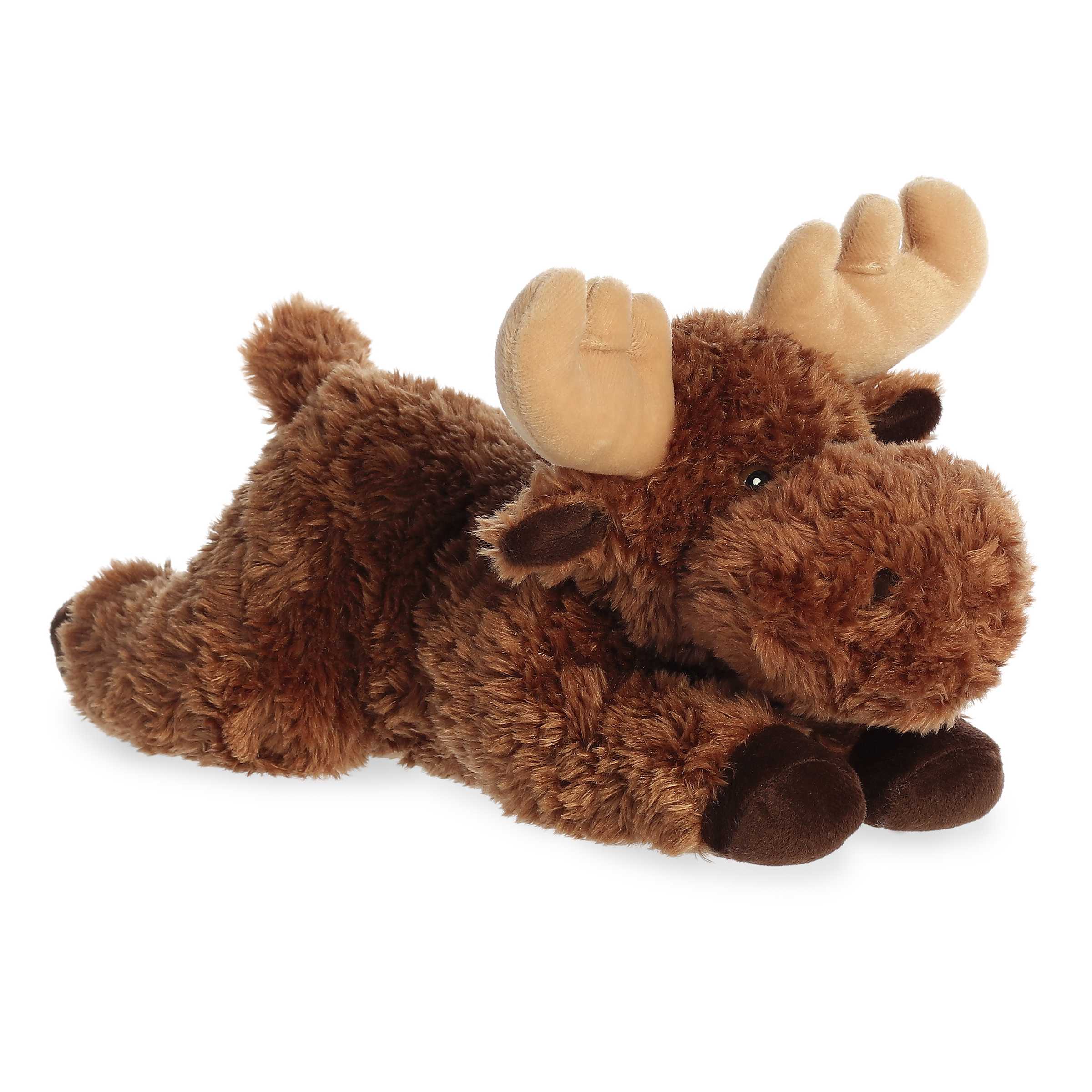 Plush brown moose with velvety antlers and soft fur, ready for forest adventures.