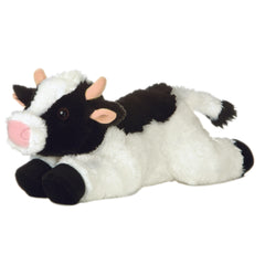 Plush toy of a black and white cow with little horns, pink nose, and cuddly soft fur.