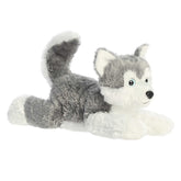 A grey and white husky plush with blue eyes and soft, fluffy fur by Aurora stuffed animals.