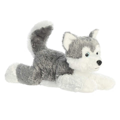 A grey and white husky plush with blue eyes and soft, fluffy fur by Aurora stuffed animals.