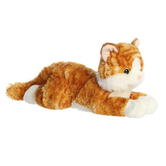 Plush toy of a ginger and white striped cat with large eyes and a soft, plush body.