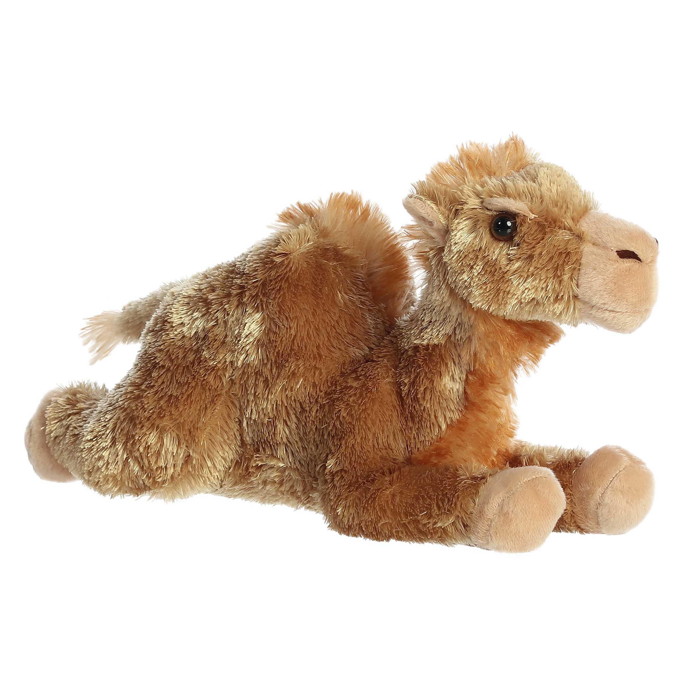A soft golden camel plush with friendly face, long lashes, and humped back by Aurora stuffed animals.