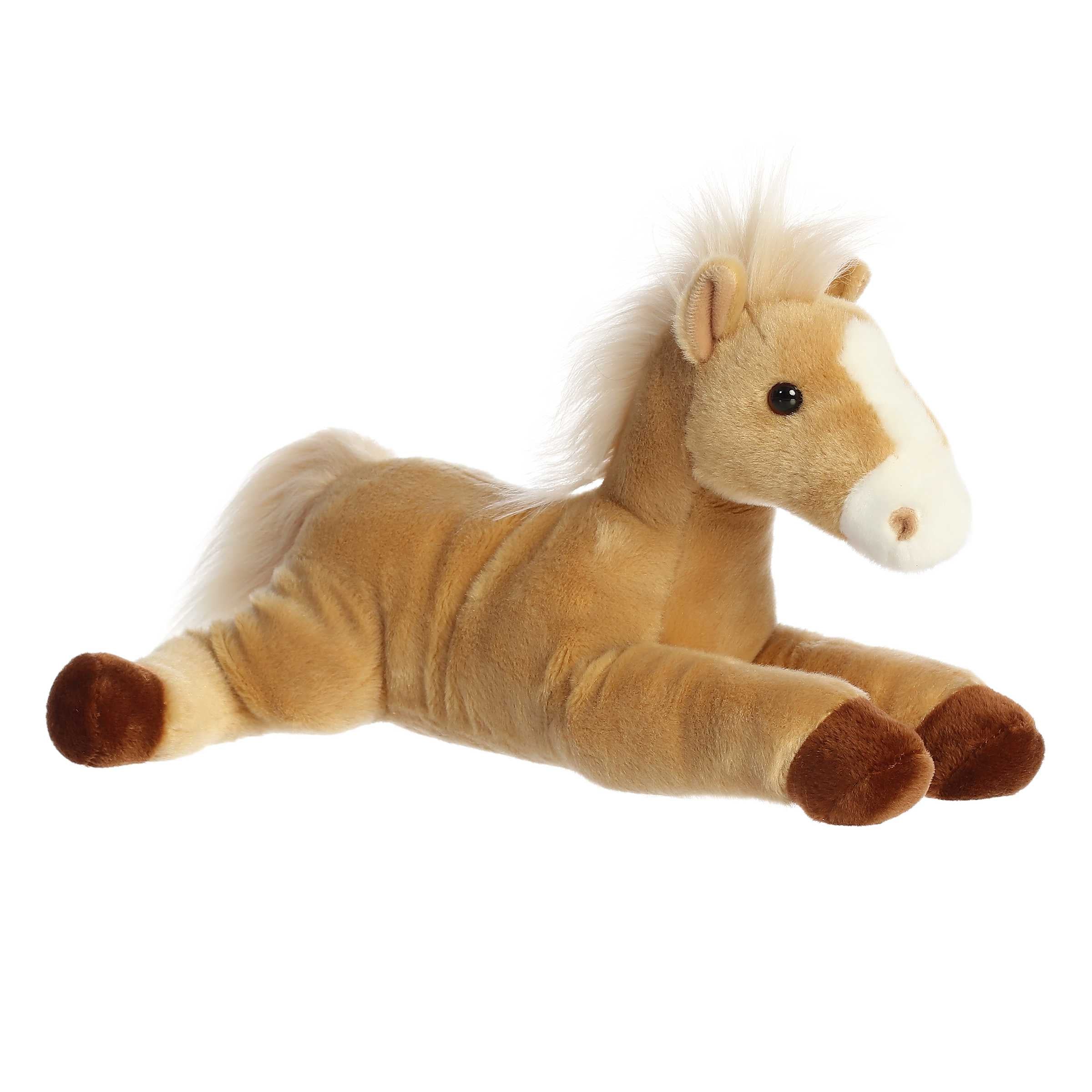 Plush toy of a golden horse with flowing blonde mane and soft brown hooves.