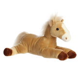 Plush toy of a golden horse with flowing blonde mane and soft brown hooves.