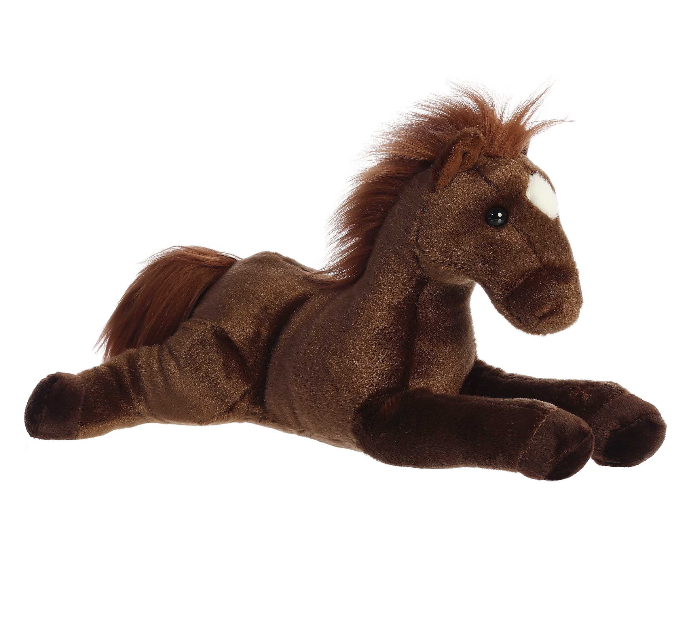 A dark brown horse plush with wild mane and white patch on its forehead by Aurora stuffed animals.