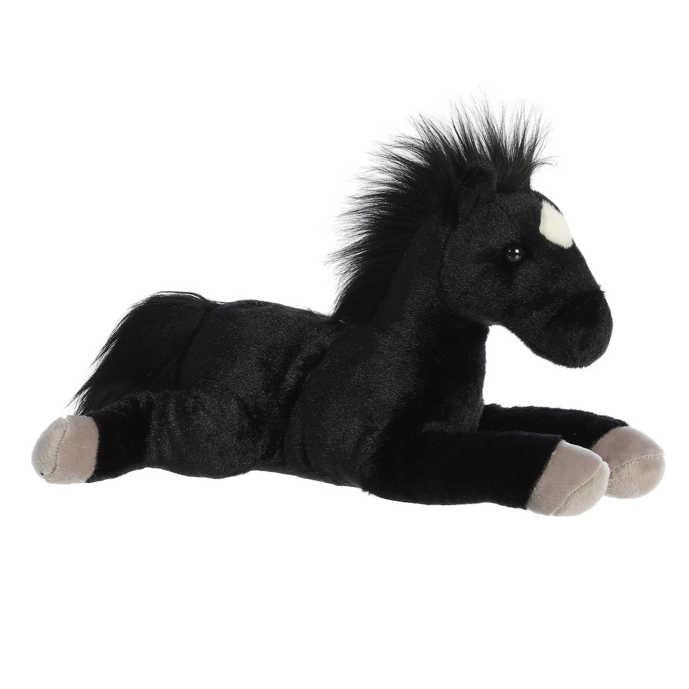 Plush toy of a black horse with soft fur, flowing mane, and a white patch on its forehead.