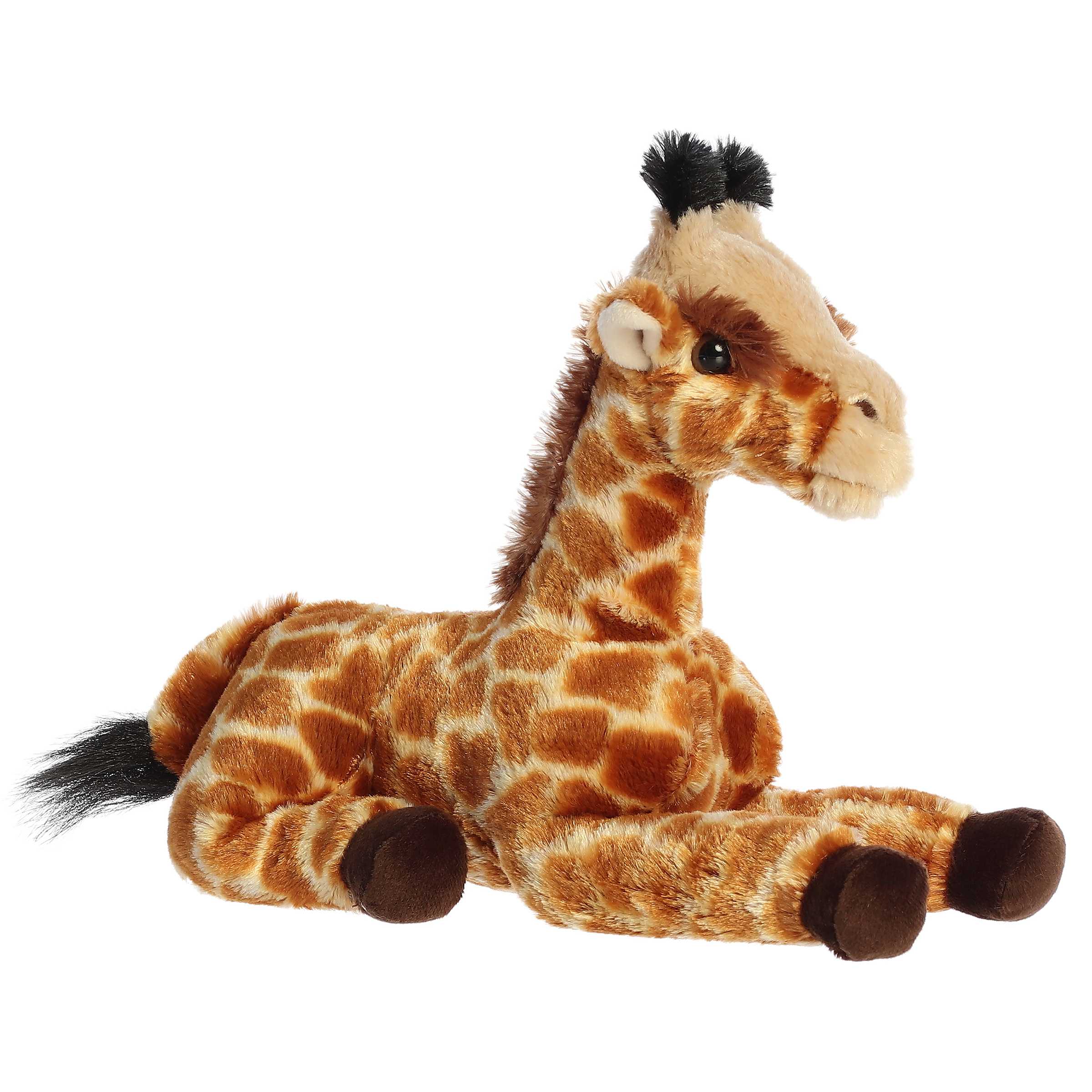 Plush toy of a giraffe with orange spots, long neck, and soft plush fur by Aurora stuffed animals.