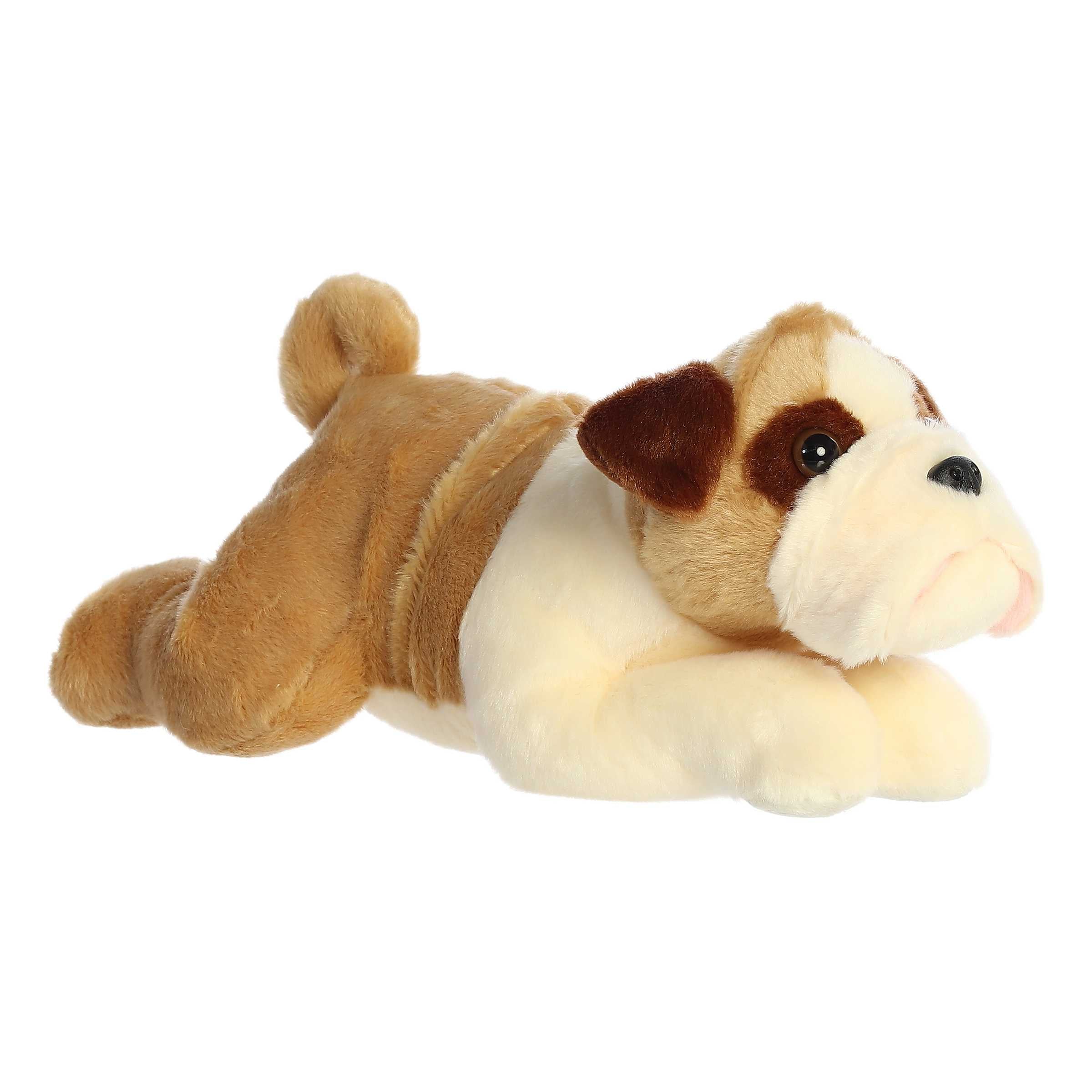 A tan and white bulldog stuffed animal with plush wrinkles and a sweet, squishy face.