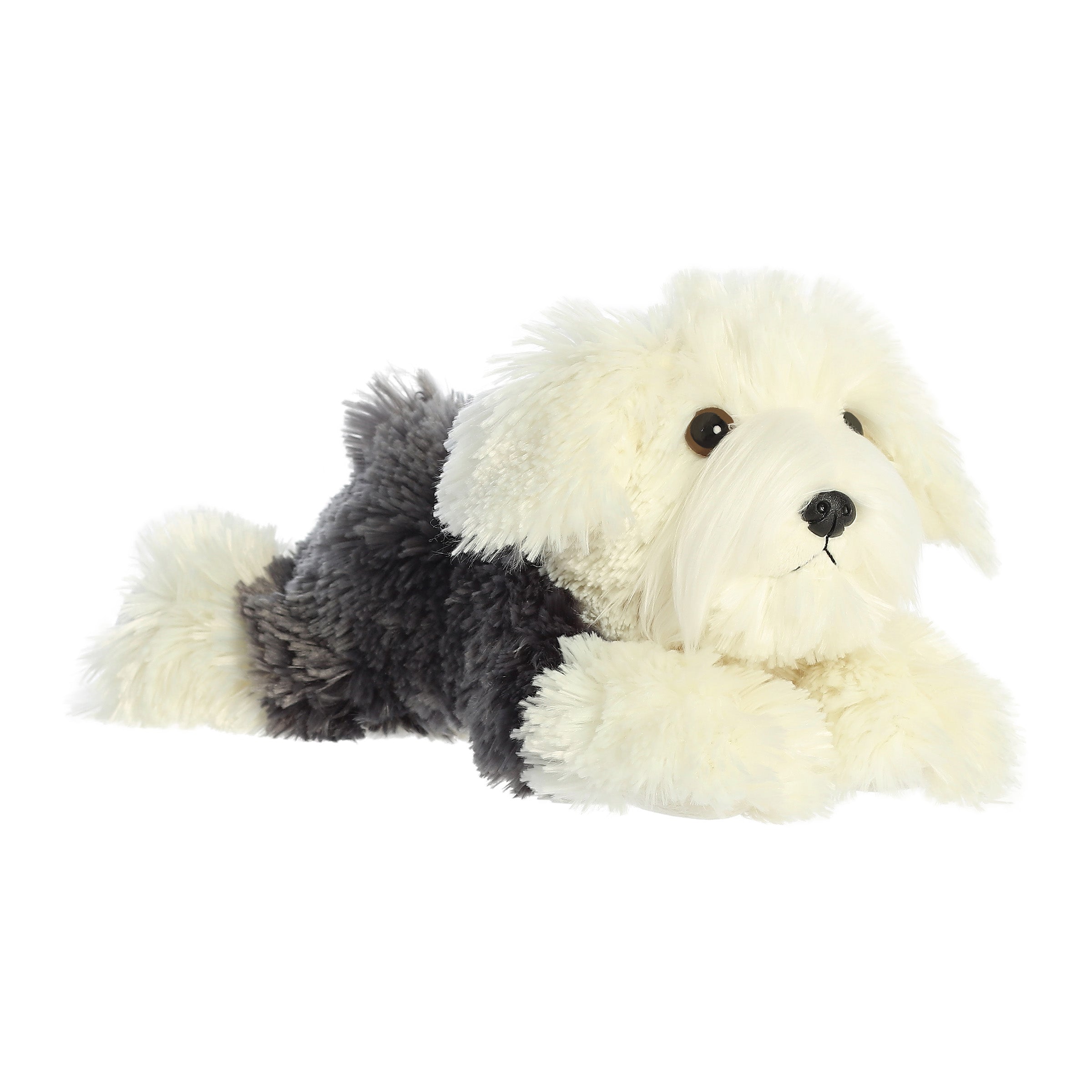 A fluffy white and gray sheepdog stuffed animal with big eyes and a soft body.