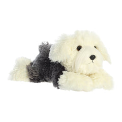 A fluffy white and gray sheepdog stuffed animal with big eyes and a soft body.