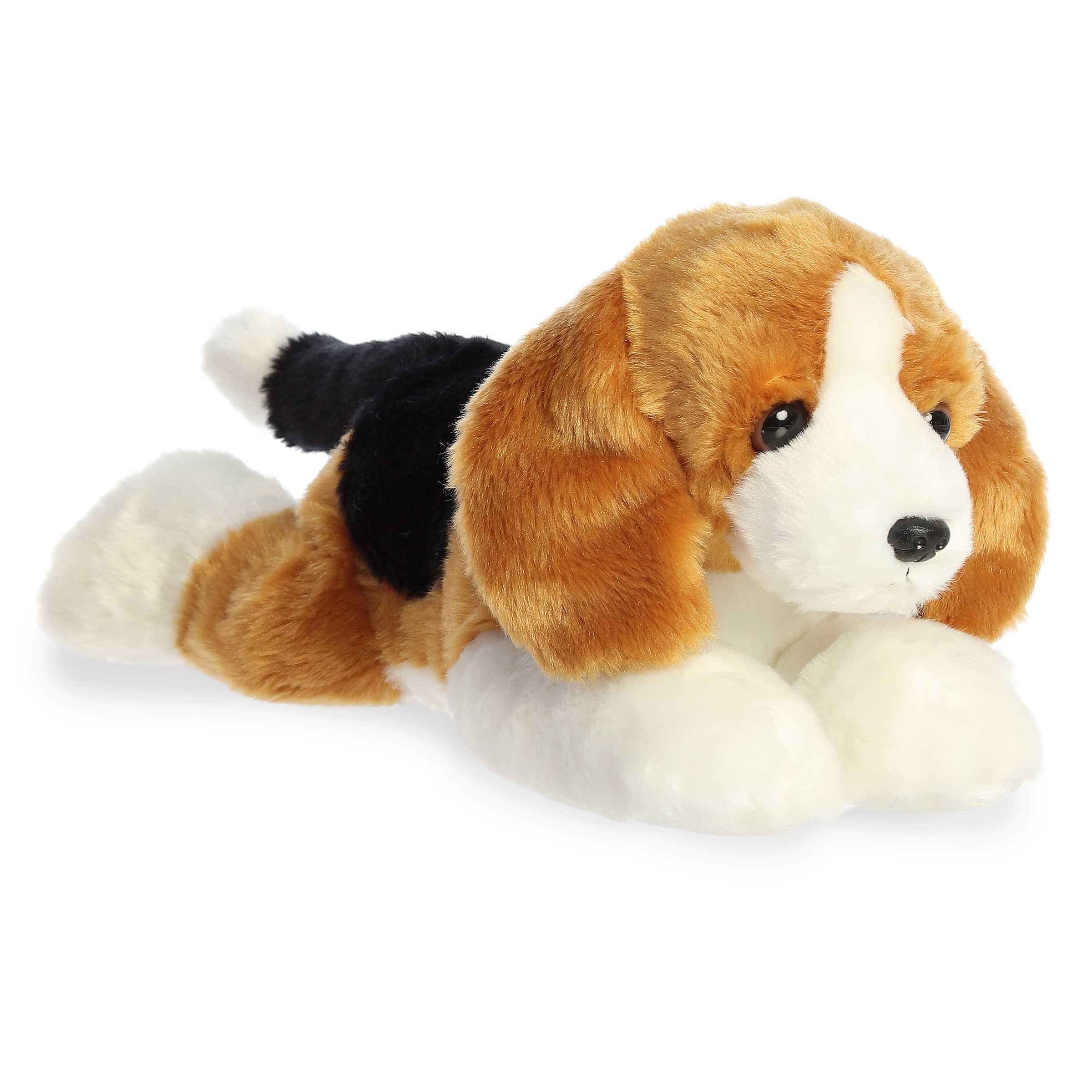 A tri-color beagle dog stuffed animal with floppy ears and a cheerful, playful face.