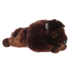 Plush toy of a brown bison with fuzzy fur, short horns, and a friendly face by Aurora stuffed animals.