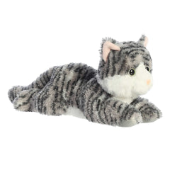 A gray tabby cat plush with green eyes and striped fur, curled in a soft pose by Aurora stuffed animals.