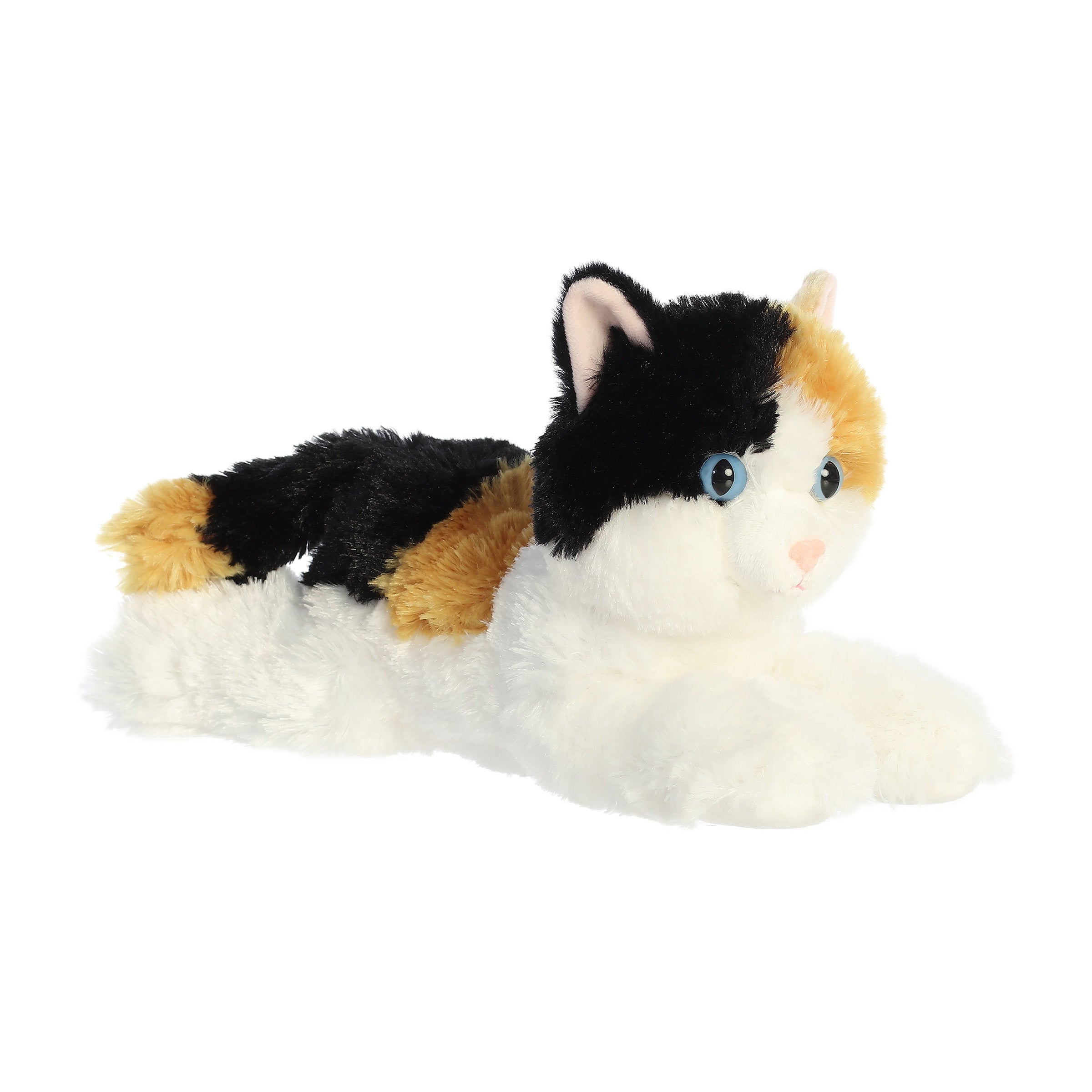 A calico plush cat with orange, black, and white fur and a cheerful face by Aurora stuffed animals.