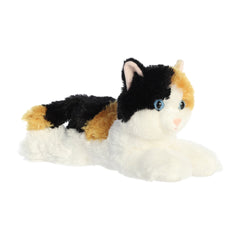 A calico plush cat with orange, black, and white fur and a cheerful face by Aurora stuffed animals.
