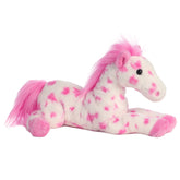 A white plush horse with bright pink spots and a pink mane and tail by Aurora stuffed animals.