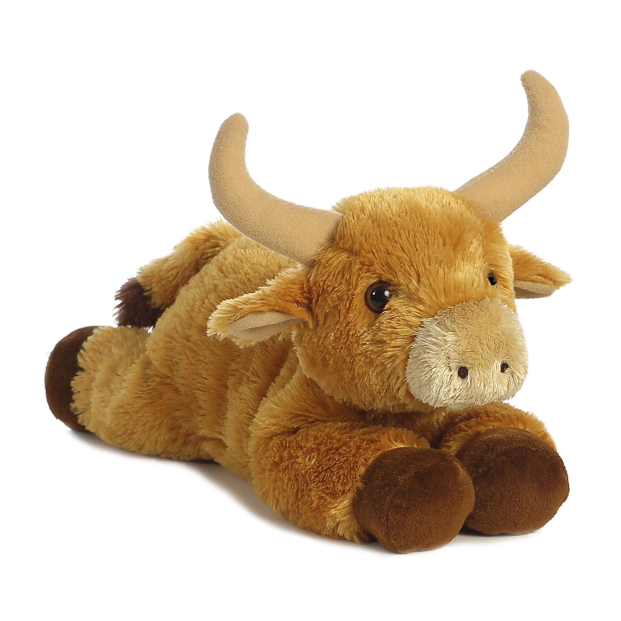 Plush toy of a brown bull with plush horns, soft fur, and a friendly, strong face by Aurora stuffed animals.