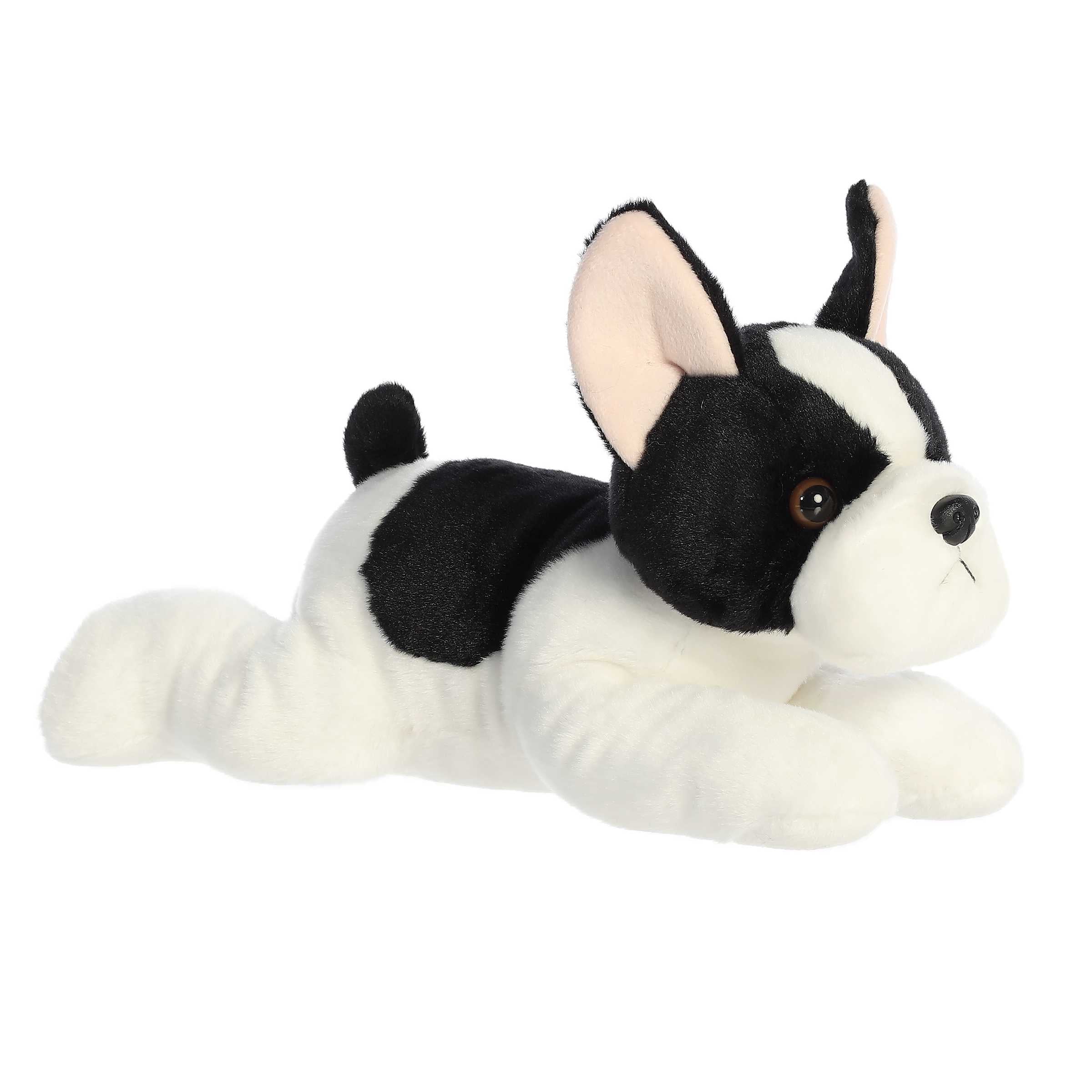 Plush toy of a gray and white French Bulldog puppy with floppy ears and soft body.