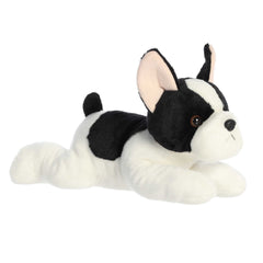 Plush toy of a gray and white French Bulldog puppy with floppy ears and soft body.