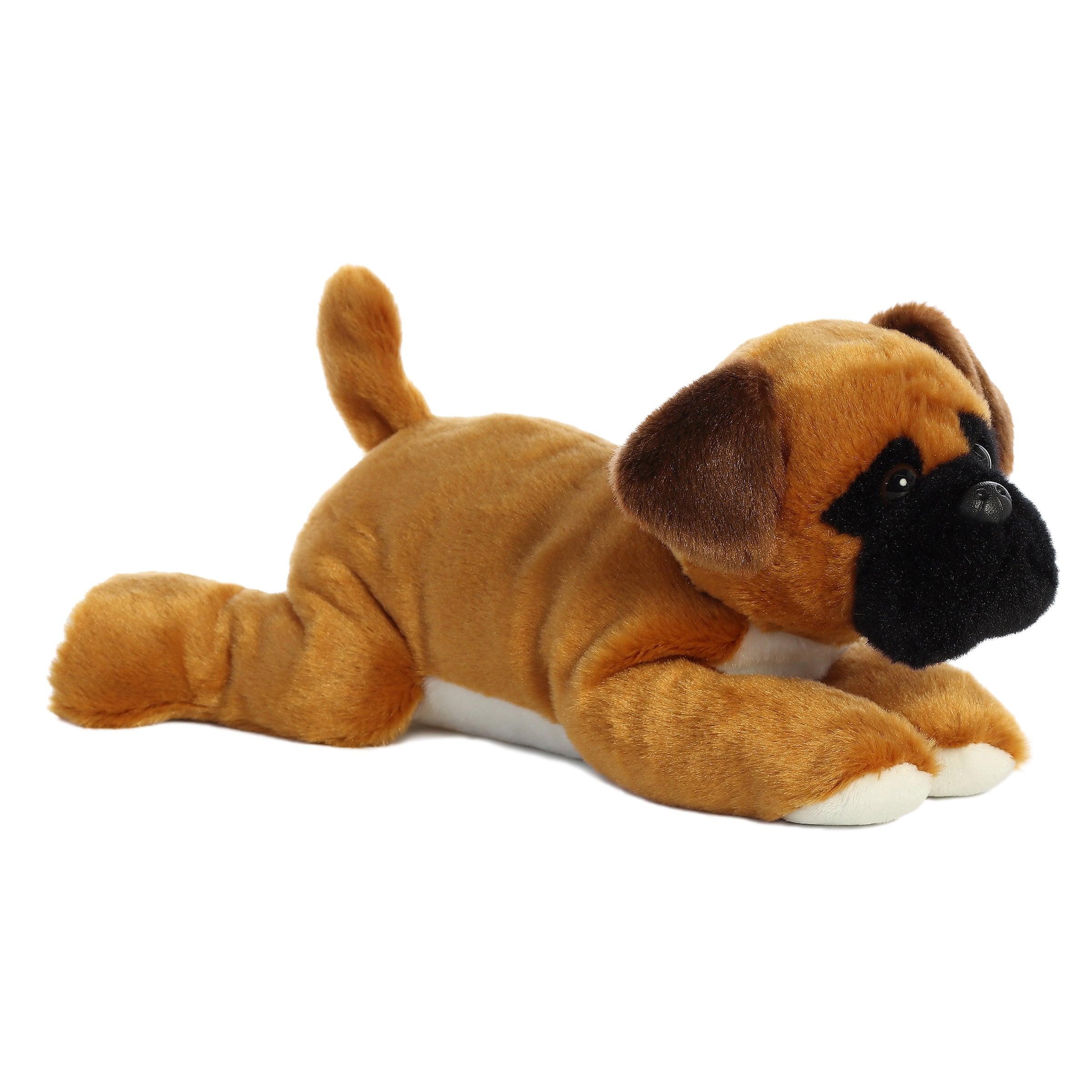 Plush toy of a caramel-brown Boxer dog with black snout and soft, cuddly body by Aurora plush.