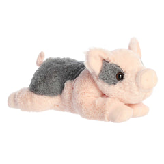 Plush toy of a pink piglet with a curly tail and expressive eyes, made for cuddling by Aurora stuffed animals.