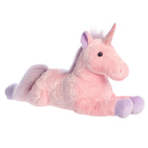A large pink unicorn plush toy from Aurora with a silver horn, purple mane and tail, and magical detailing.