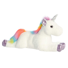 A large white unicorn plush toy from Aurora with a silver horn and rainbow-colored mane and tail.