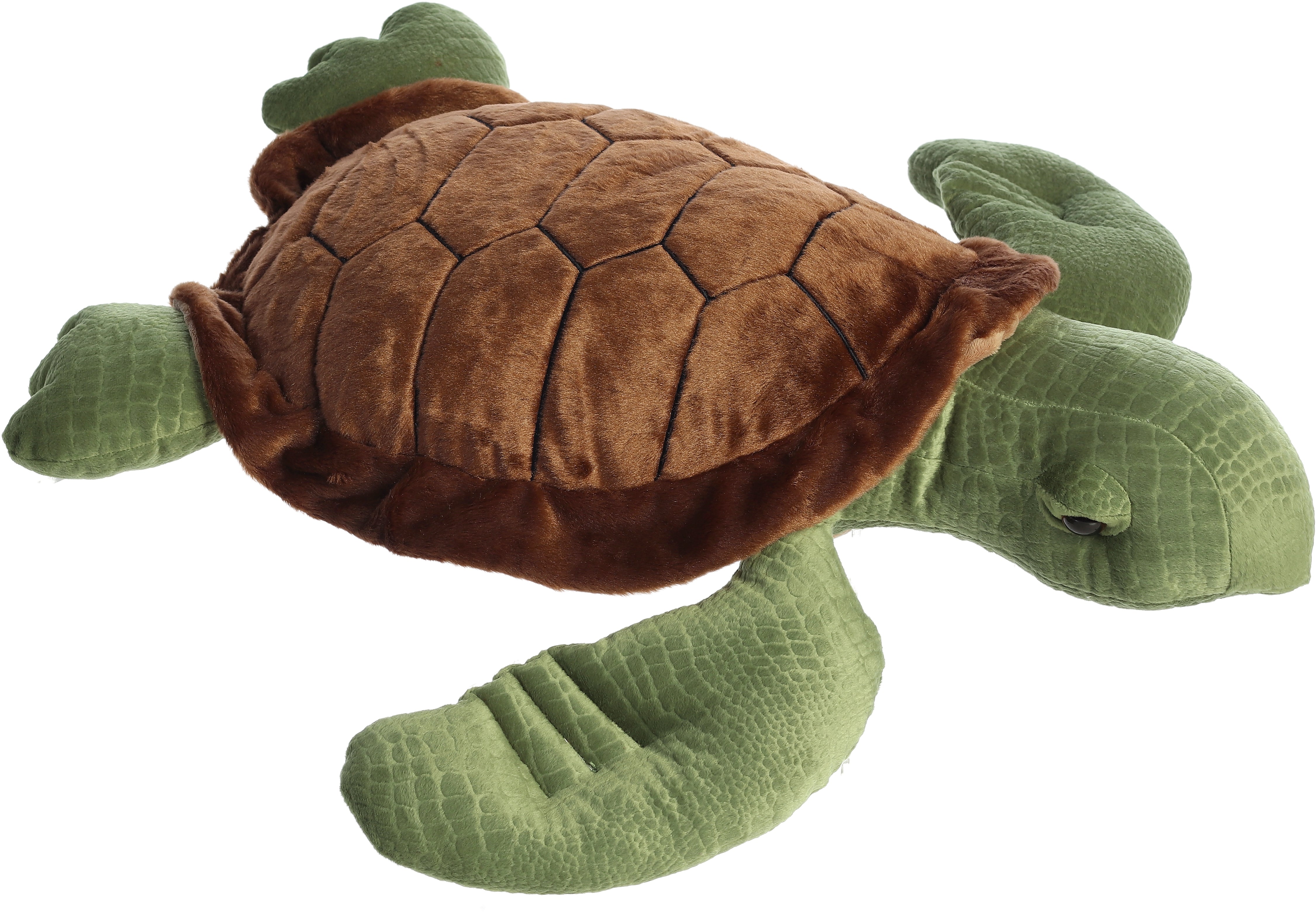 A large sea turtle plush toy from Aurora with a brown shell, green flippers, and detailed lifelike design.