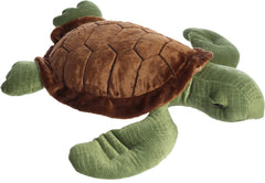 A large sea turtle plush toy from Aurora with a brown shell, green flippers, and detailed lifelike design.