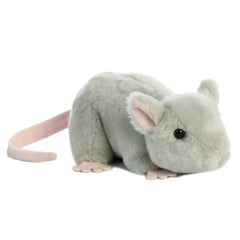 A gray mouse plush from Mini Flopsie by Aurora with pink ears and tiny whiskers.