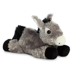 A gray plush donkey toy from Mini Flopsie by Aurora with black hooves and expressive eyes.