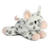 A white plush piglet from Mini Flopsie by Aurora with gray spots and a curly pink tail.