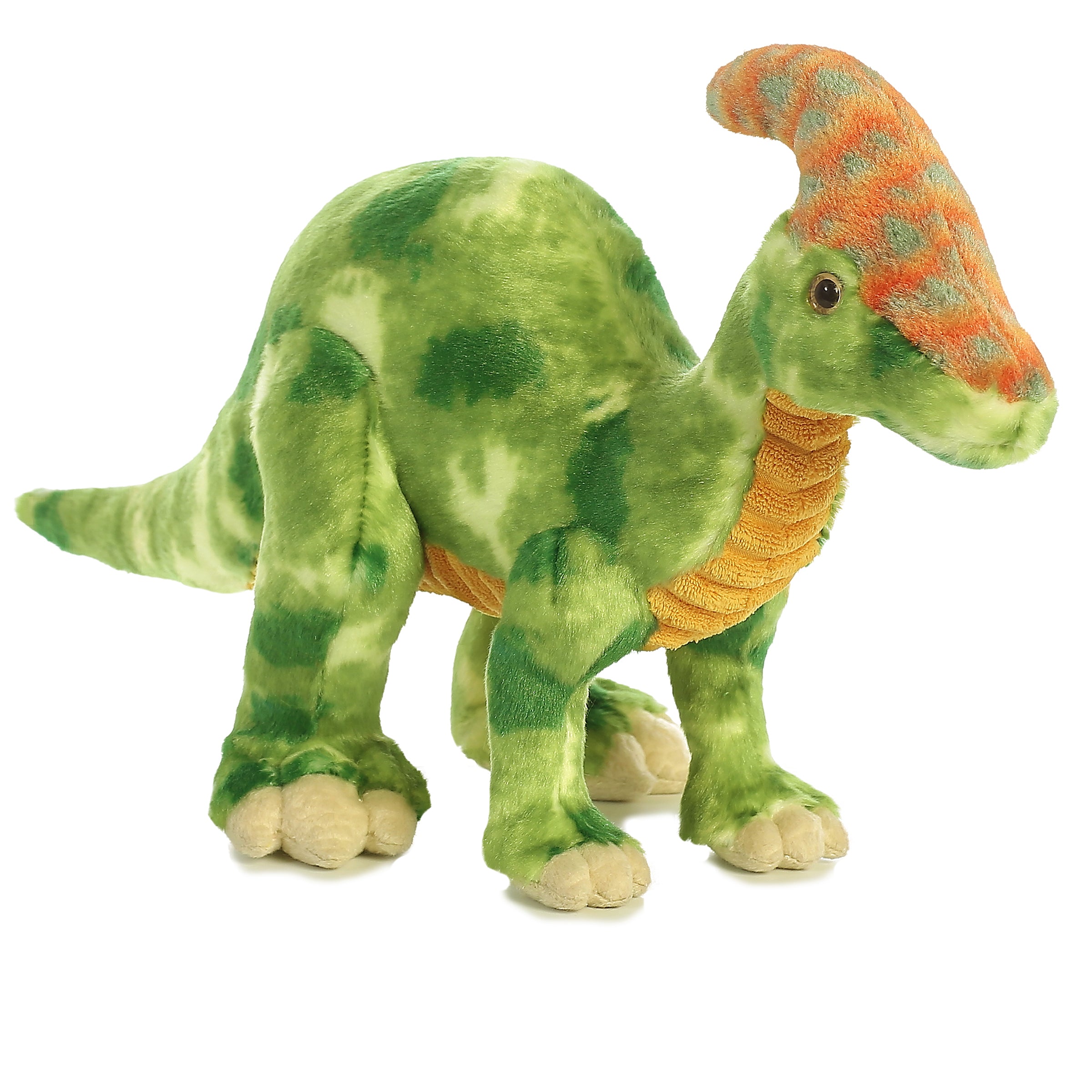 Parasaurolophus plush from Dinos & Dragons by Aurora, green with an orange crest