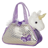 Aurora Unicorn plush from Fancy Pals by Aurora, with a lavender butterfly sequined carrier