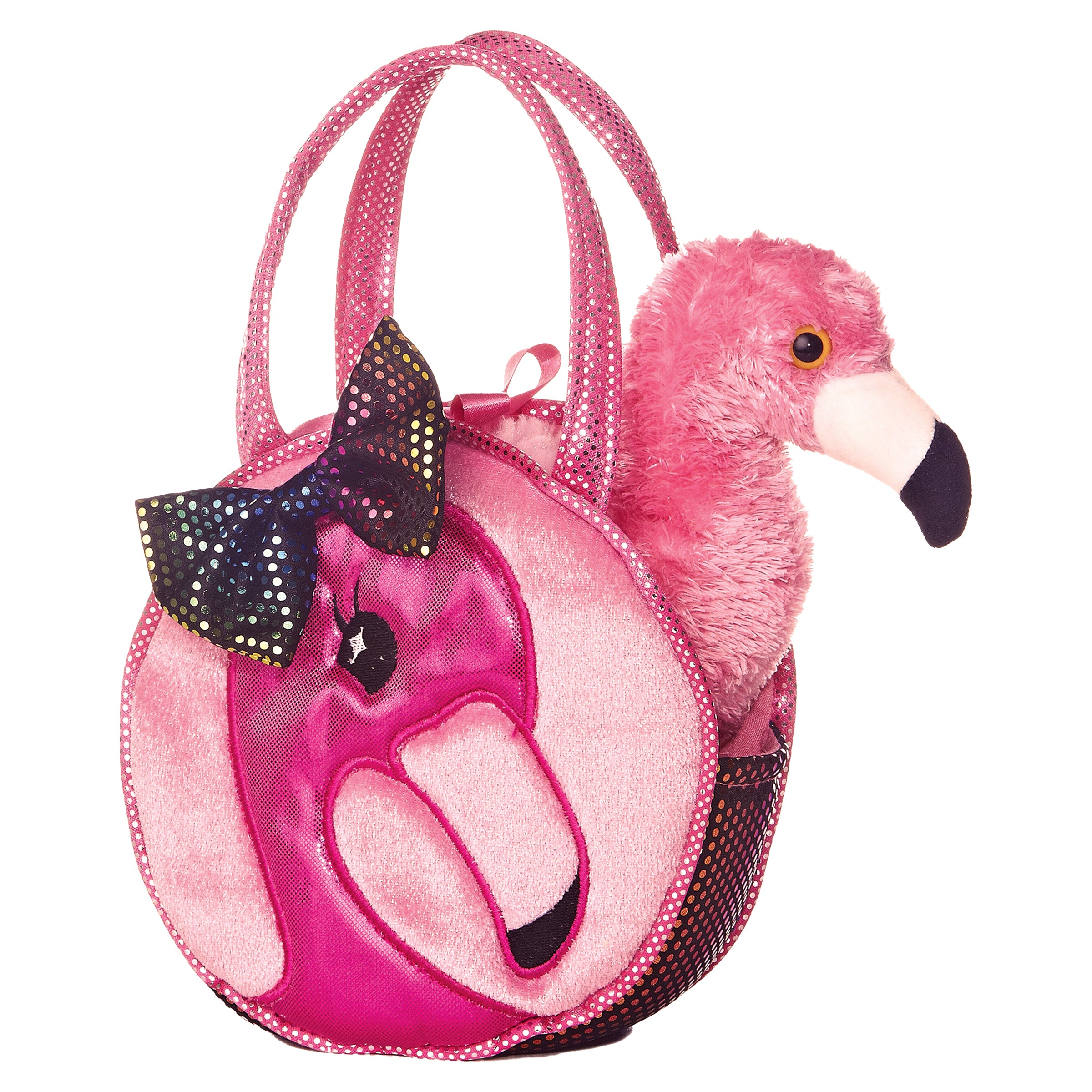 Fabulous Flamingo plush from Fancy Pals by Aurora, in a dazzling pink carrier with bow