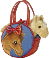 Pretty Pony plush from Fancy Pals by Aurora, housed in a vibrant red and blue carrier with a polka-dot bow