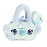 Blue Glitter Koala plush carrier from Aurora's Fancy Pals with a snug baby blue koala inside with Australian whimsy.