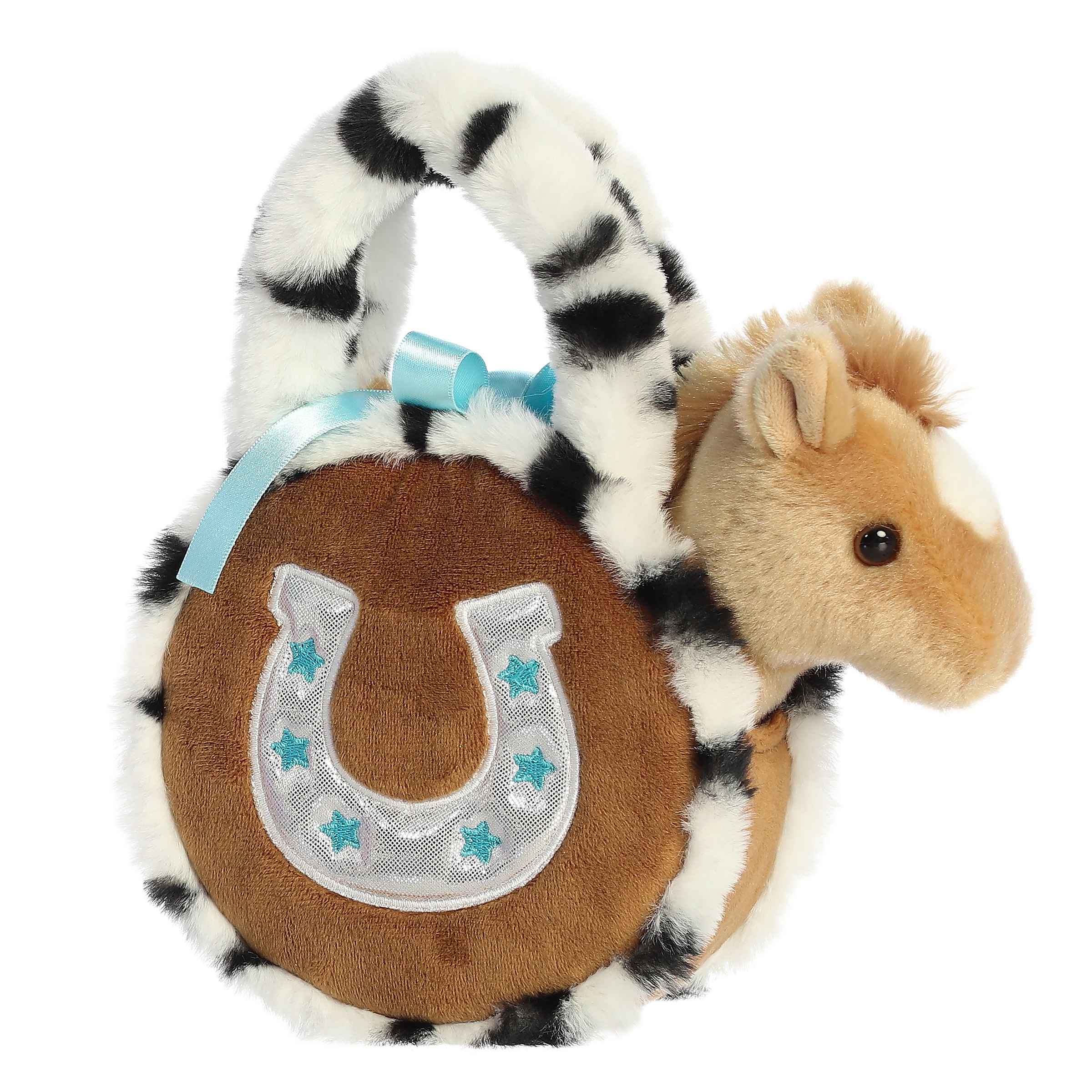 Appaloosa Horseshoe plush from Fancy Pals, showcasing a spotted horse in a turquoise-decorated horseshoe carrier