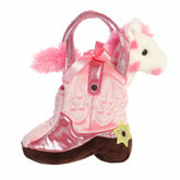 Pink Giddyup Boot plush carrier set from Fancy Pals by Aurora, featuring a pink boot and horse plush