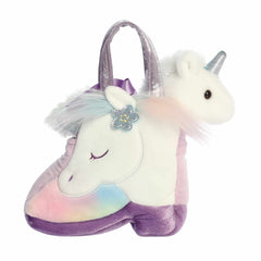 Rainbow Unicorn Boot plush carrier from Fancy Pals by Aurora, adorned with rainbow designs, with a unicorn plush.
