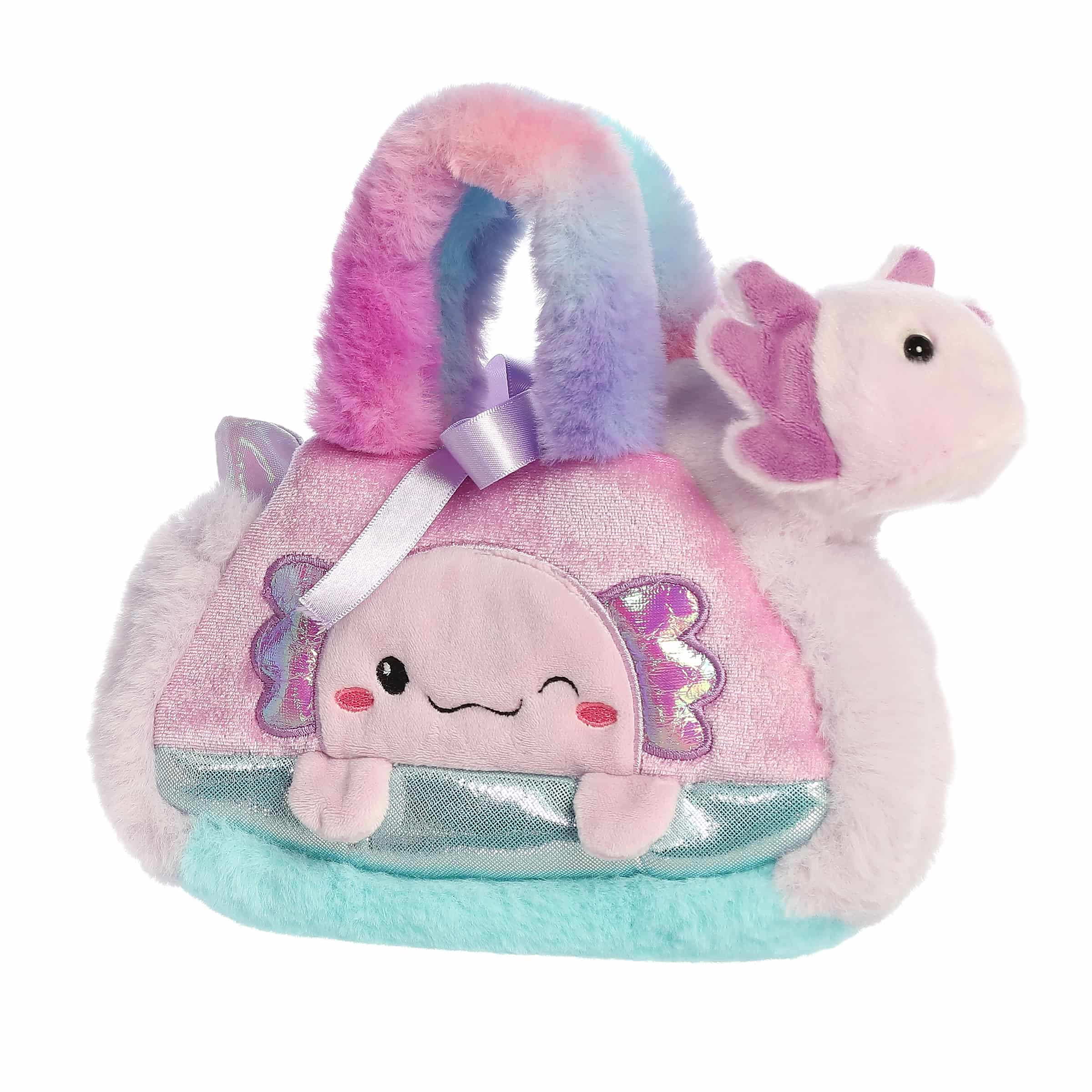 Purple Axolotl plush carrier from Fancy Pals by Aurora, a cute axolotl design with a wink, with a purple axolotl plush.