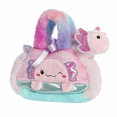 Purple Axolotl plush carrier from Fancy Pals by Aurora, a cute axolotl design with a wink, with a purple axolotl plush.