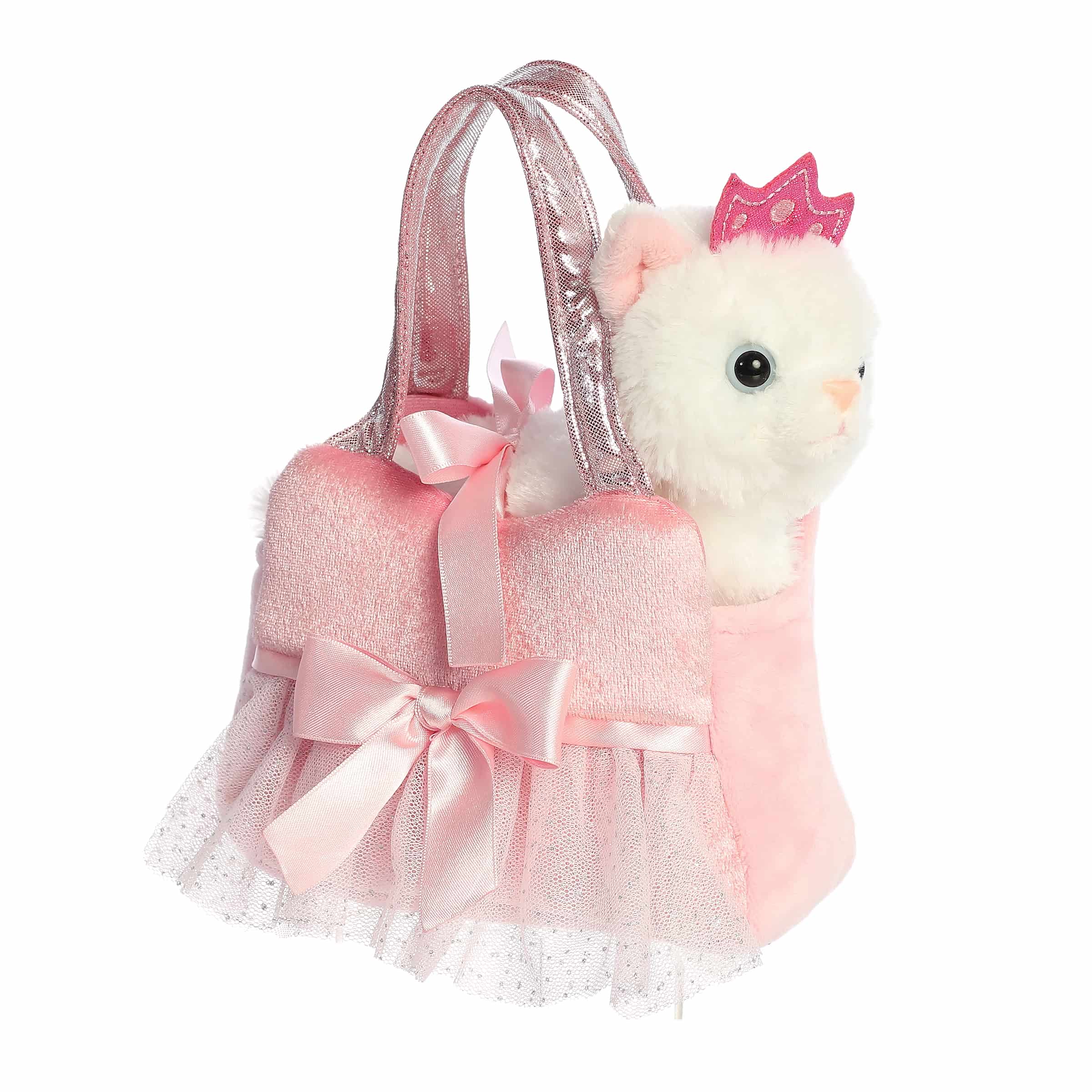 Princess Kitty Tutu plush carrier, a pink ballet tutu with satin bows and tulle, includes a plush white kitty with a tiara