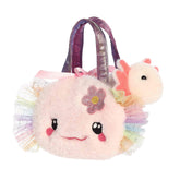 A rainbow-themed carrier with a removable axolotl plush and glittery purple handles from Fancy Pals by Aurora.