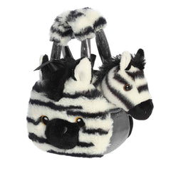 A black-and-white striped carrier with an embroidered face and removable zebra plush from Fancy Pals by Aurora.